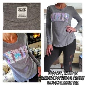 NWOT, VS Pink rainbow BLING long sleeve crew